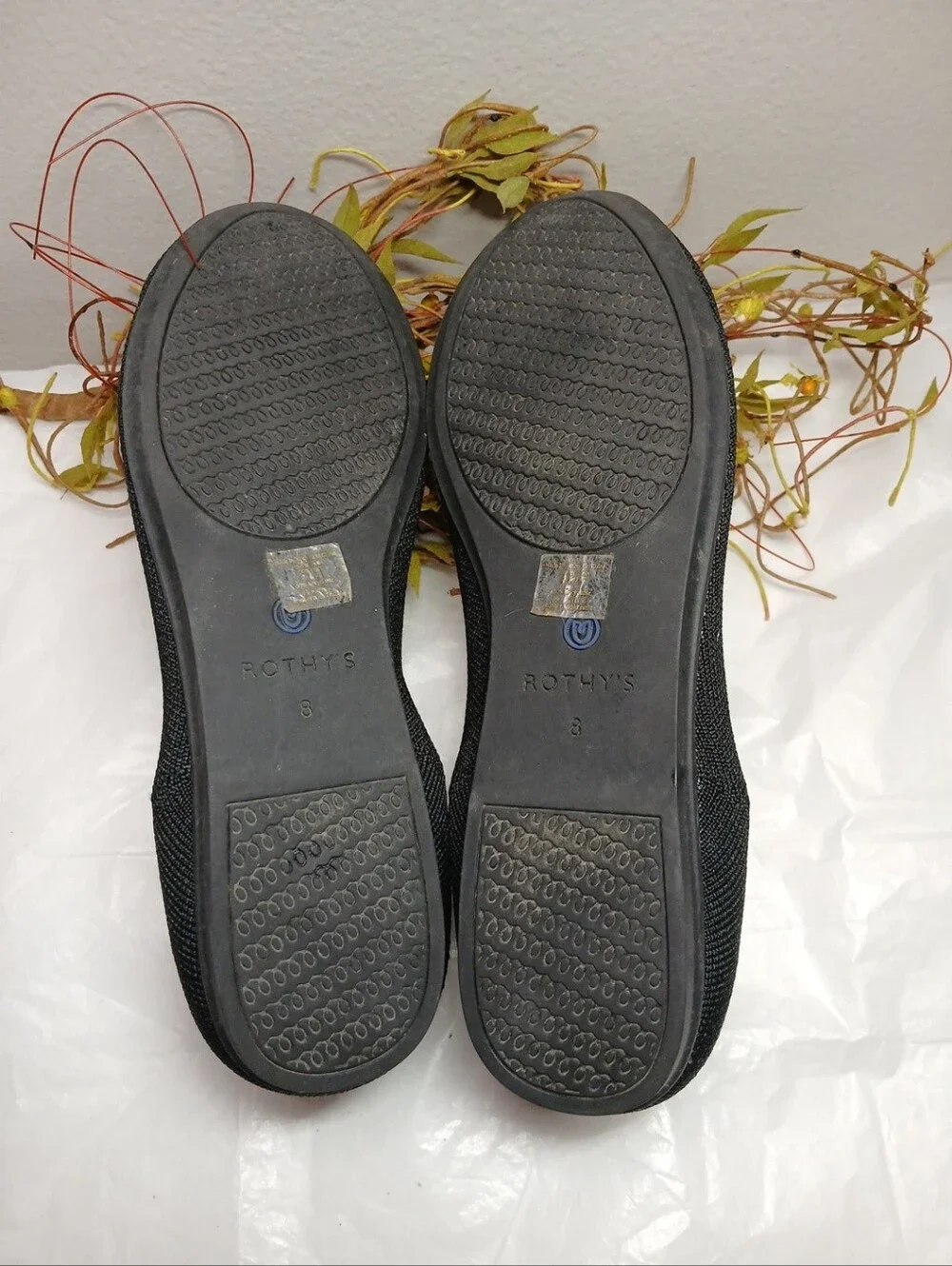 Rothy's Black Knit Slip-On Loafers with Blue Trim